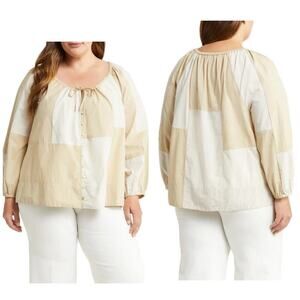 Madewell Women’s Patchwork 100% Cotton Peasant Blouse Khaki Size XXL